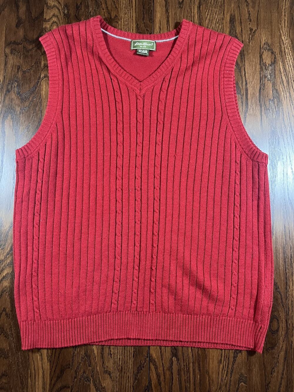 Eddie Bauer Red Cable Knit Cotton Cashmere V-Neck Sweater Vest Medium